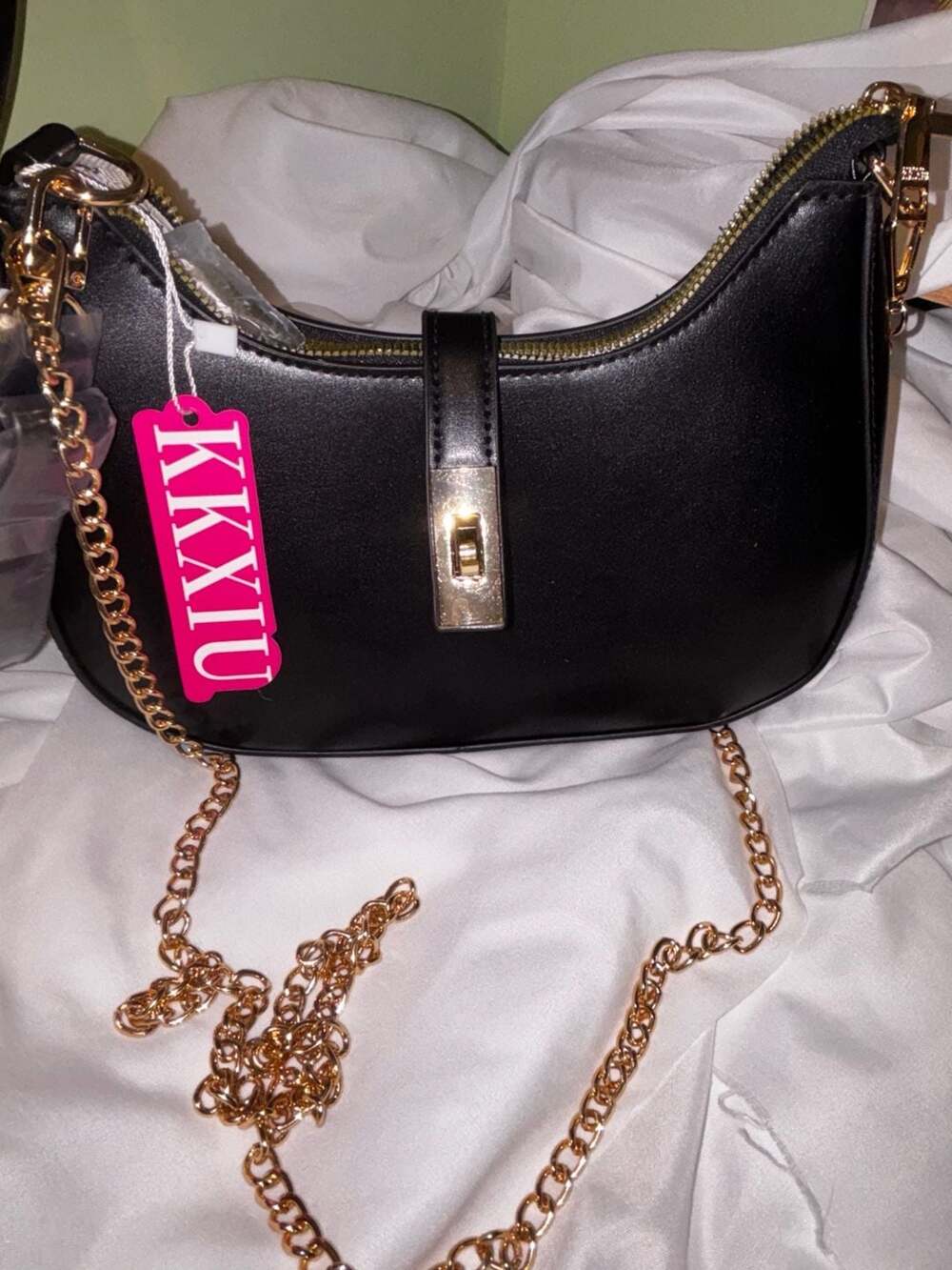 KKXIU Black Vegan Leather Hobo Shoulder Bag with Gold-Tone Chain